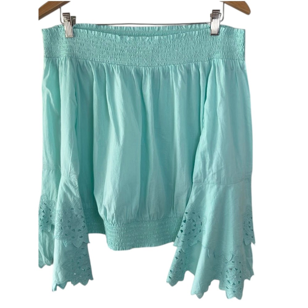 Venus Aqua Mint Cotton Off The Shoulder Eyelet Bell Sleeve Smocked Top Medium